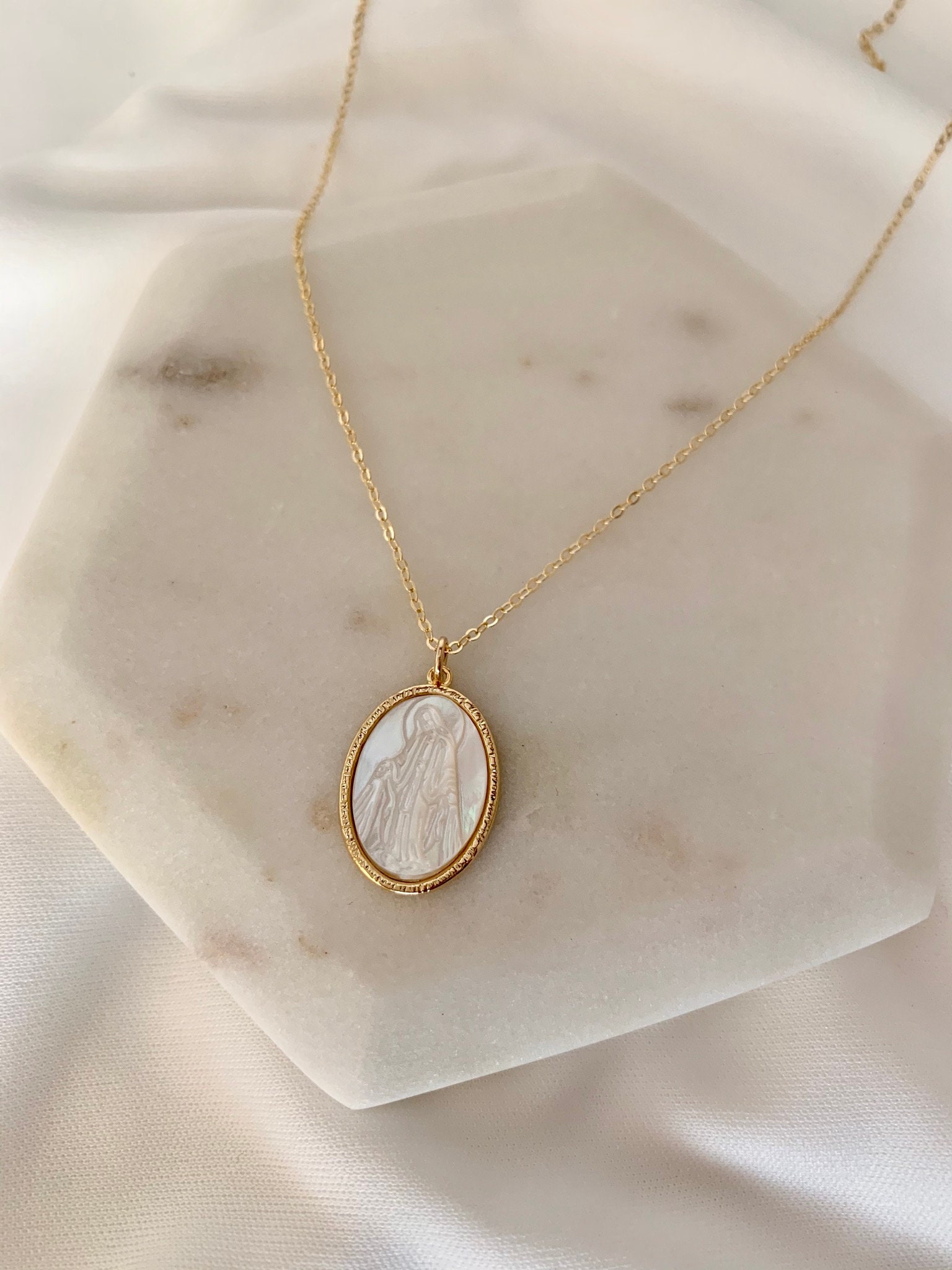 Signature Virgin Mary Necklace/ Mother of Pearl Pendant/ Miraculous Medal/  14 K Gold Plated or 14 K Gold Filled/ Elegant Gift for Her. NO3 - Etsy