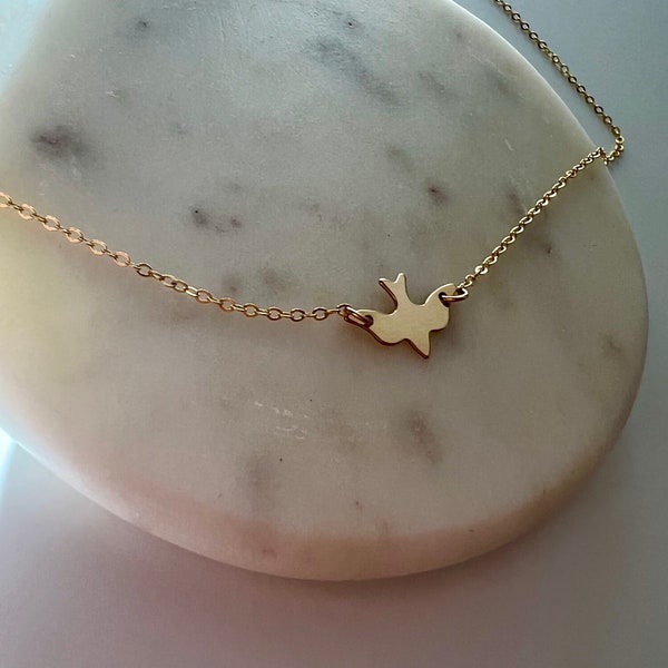 Flying Bird Necklace/ Dove Layering Necklace/ Genuine 14 K GF/ Everyday/ Delicate Gift for Her.