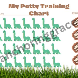 May include: A green dinosaur-themed potty training chart with a grid of 24 green dinosaurs and a reward section with four brown dinosaur fossils. The chart is titled "My Potty Training Chart" and has a space for a name.