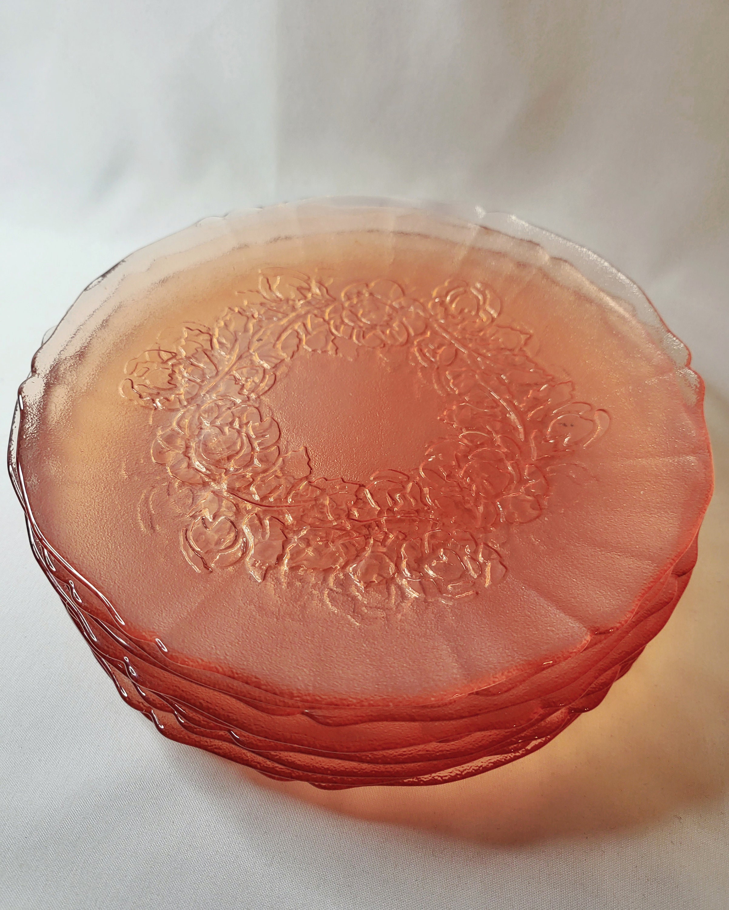Rosa Pink by Arcoroc France; Vintage Rose Pink Lunch Plates, Set of Five
