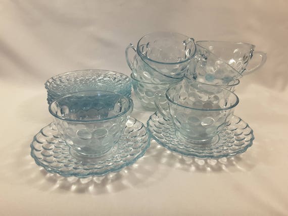2 Anchor Hocking Glass Company Bubble Sapphire Blue Cups & Saucers Set Vintage 2 Anchor Hocking Glass Company Bubble Sapphire Blue Cups & Saucers Set Vintage