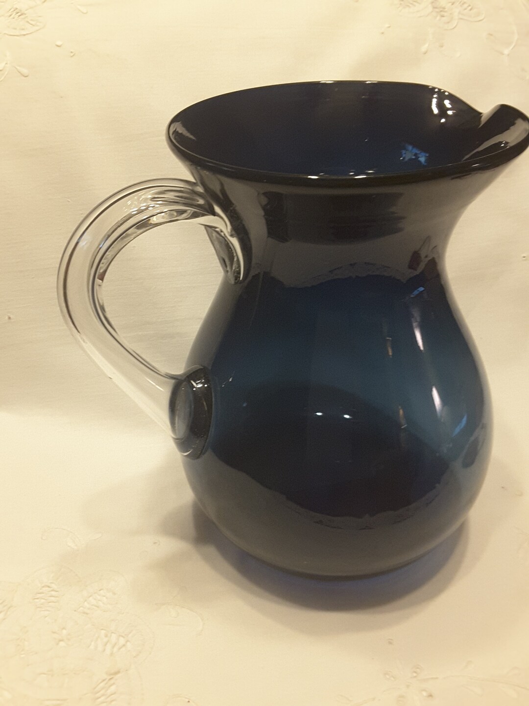 Large Blue Glass Pitcher With Clear Glass Handle; Cobalt Blue Pitcher ...