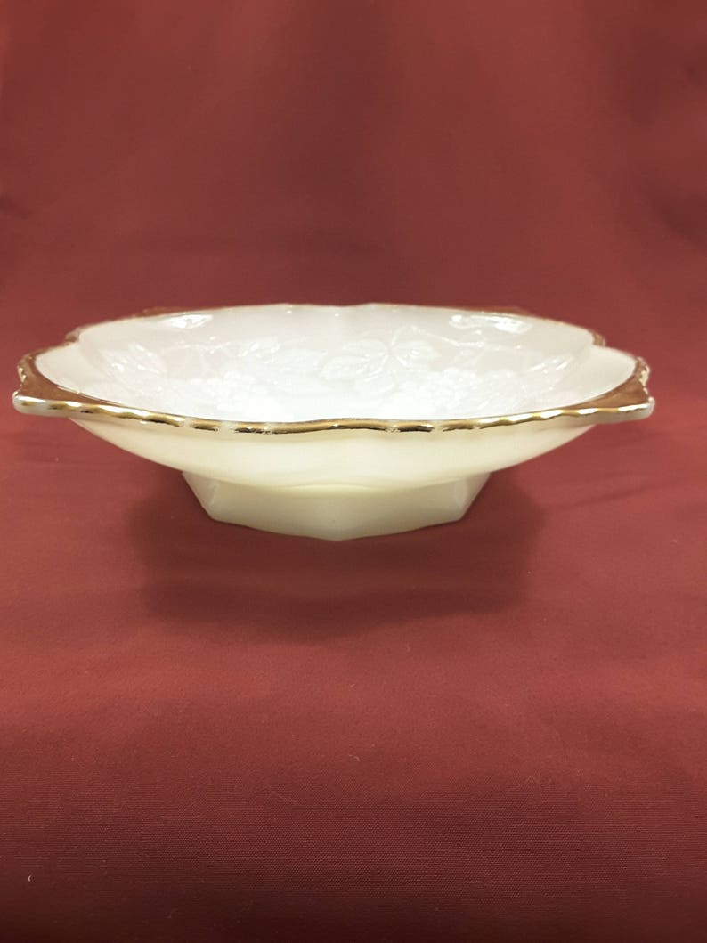 Pedestal Raised Grapevine Design Anchor Hocking Milk Glass Bowl With Gold Trim