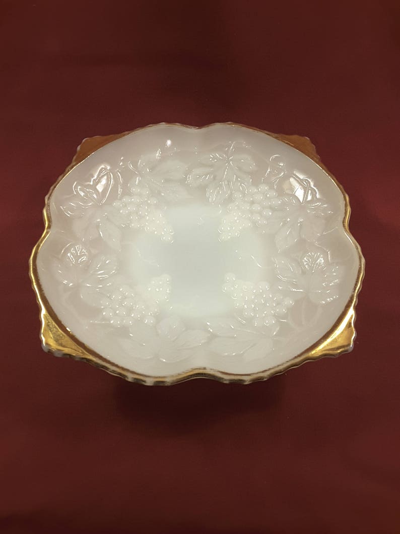 Pedestal Raised Grapevine Design Anchor Hocking Milk Glass Bowl With Gold Trim