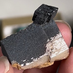 May include: A black and white crystal with a rough, textured surface. The crystal has a cubic shape and is partially covered in a white, opaque mineral.