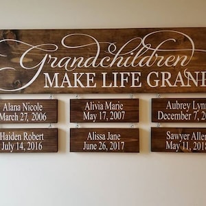 Grandparens  gift  Grandchildren make life grand sign with names and birthdates