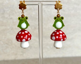 Frog on Mushroom Cottagecore Earrings