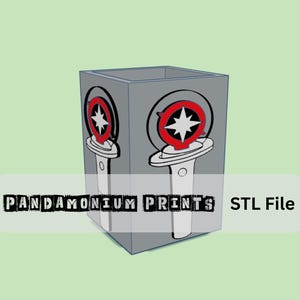 May include: A gray, rectangular box with a repeating graphic of a red and white design. The text "PANDAMONIUM PRINTS" and "STL File" are displayed on the image.