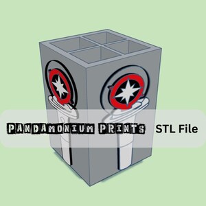 May include: A gray, cuboid 3D-printed container with four compartments at the top. The sides feature a red and black circular design with a white star. The text "PANDAMONIUM PRINTS STL File" is displayed across the front.