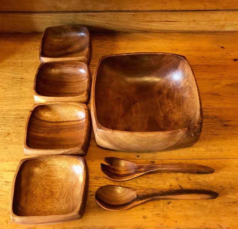 Vintage Wooden Salad Bowl Set Monkey Pod Image 0