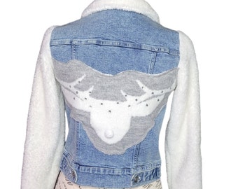 Girls denim fleece deer jacket refashioned embellished