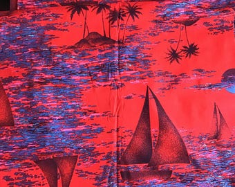 Tropical Cotton Fabric: Sailboats, Palm Trees, Sunset Print - 4 Yards
