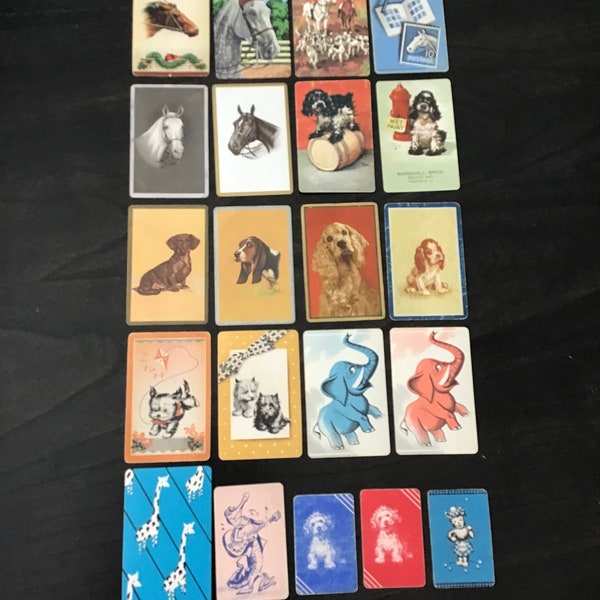 Vintage playing cards for junk journal, horses, dogs, elephants, zebra, crocodile