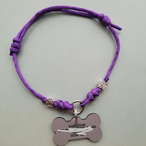 May include: A purple dog collar with a bone-shaped tag. The collar is made of braided cord and features paw print charms. The tag has the name "Thurston" and other text.
