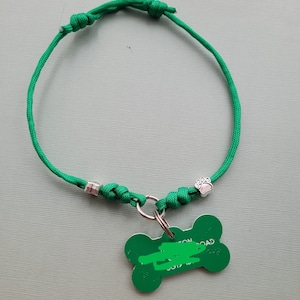 May include: A green dog collar with a bone-shaped tag. The collar is made of woven green cord and features a silver-colored paw print charm. The bone-shaped tag is green with white text.