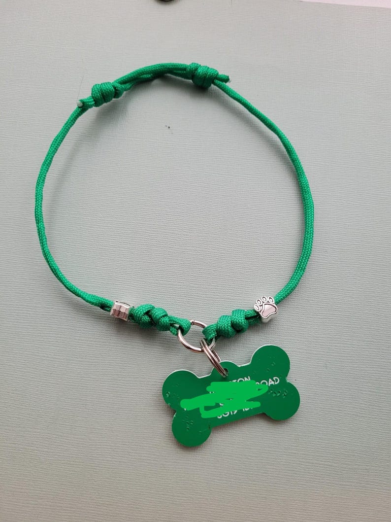 May include: A green dog collar with a bone-shaped tag. The collar is made of woven green cord and features a silver-colored paw print charm. The bone-shaped tag is green with white text.