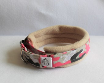 Luxury Pink Camo Pattern  Fleece Lined   Martingale Collar.  Made to Measure Greyhound / Whippet  style dog collar
