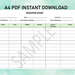 Wheping Chart Puppy Whelping Chart, Breeder Chart, A4 PDF Litter Record, Edit in Word ...