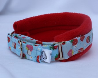 Luxury Red  Fleece Lined Pale Blue and Strawberry Patterned  Martingale Collar.  Made to Measure Greyhound / Whippet  style dog collar