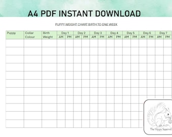 May include: A4 PDF instant download puppy weight chart for the first week. The chart includes columns for puppy, collar color, birth weight, and daily weight measurements in AM and PM. A squirrel logo is in the bottom right corner.