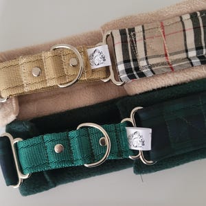 Puede incluir: Dos collares para perros con anillas en D de metal. Uno es beige con un estampado de tart&aacute;n, el otro es verde oscuro con un estampado de tart&aacute;n. Ambos tienen un forro suave y una peque&ntilde;a etiqueta con un logotipo de ardilla.