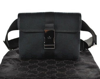 Vintage Authentic Gucci Black GG Canvas & Black Leather Waist Belt  Pouch Bag