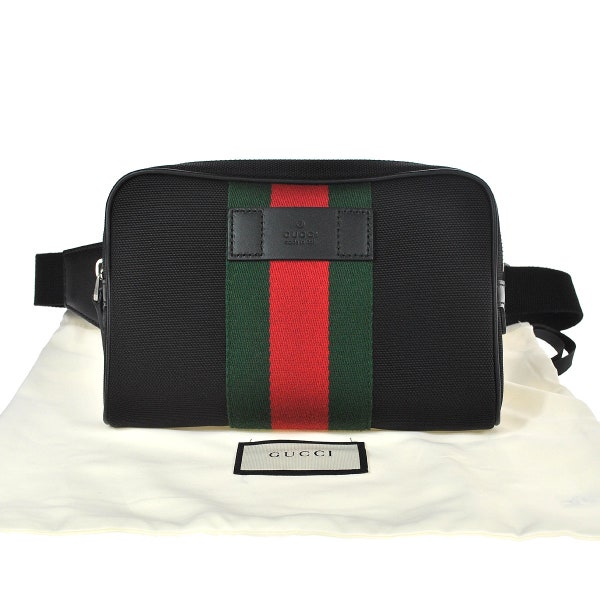 W67 GUCCI Authentic Sherry Webbing Waist Pouch Bumbag Belt Bag Cross body Fanny Pack Canvas Leather Italy