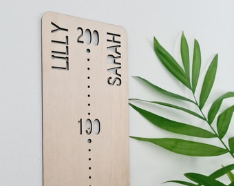 May include: A wooden growth chart with the names "Lilly" and "Sarah" at the top. The chart has markings for heights from 130 to 200 centimeters.