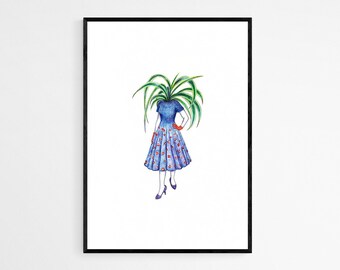 Woman with plants printable poster, woman with flower head, plants lover poster, surreal art poster, spider plant print, cactus poster