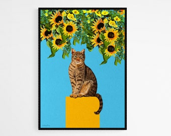 Floral Cat Wall Art, Cat Print Wall Art, Sunflowers Art Print, Printable Room Decor, Instant Download Print, Cat Drawing, Cat Poster