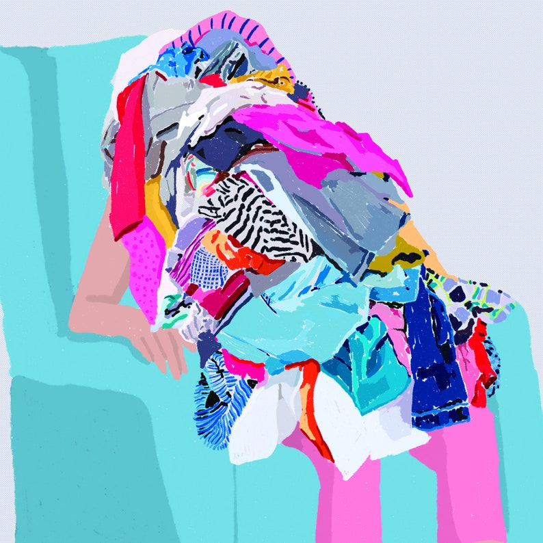 May include: A person sitting on a turquoise couch, completely covered in a pile of colorful clothing. The clothing is a mix of patterns and textures, including stripes, polka dots, and floral prints.