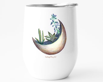 Moon Cactus Tumbler, Personalized Tumbler, Personalized Travel Mug, Personalized Wine Tumbler with Custom Text Message or Name, Stemless Cup