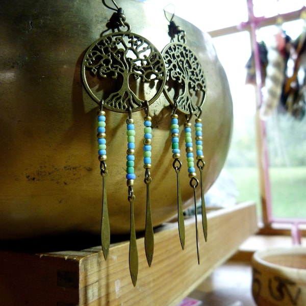 Boucles d'oreille ARBRE DE VIE, ethniques, perles de rocailles en verre, laiton