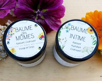 Juego de 2 bálsamos artesanales y naturales: Bálsamo Íntimo y Bálsamo Infantil, elaborados con plantas silvestres.