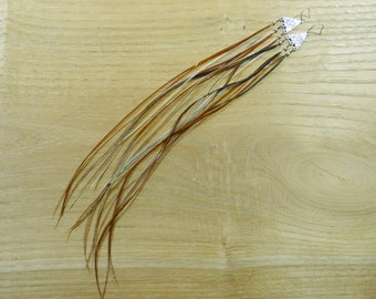 Long ethnic earrings, natural rooster feathers