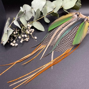 Earrings, natural guinea fowl and parrot feathers