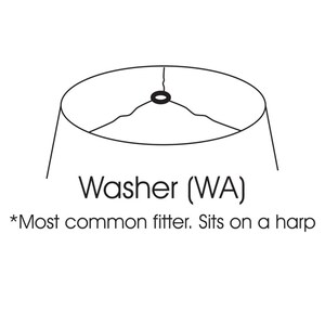 Pu&ograve; includere: Un disegno a tratto nero e bianco di una rondella per paralume. Il testo "Washer (WA)" &egrave; sotto il disegno, con il testo "*Most common fitter. Sits on a harp" sotto.