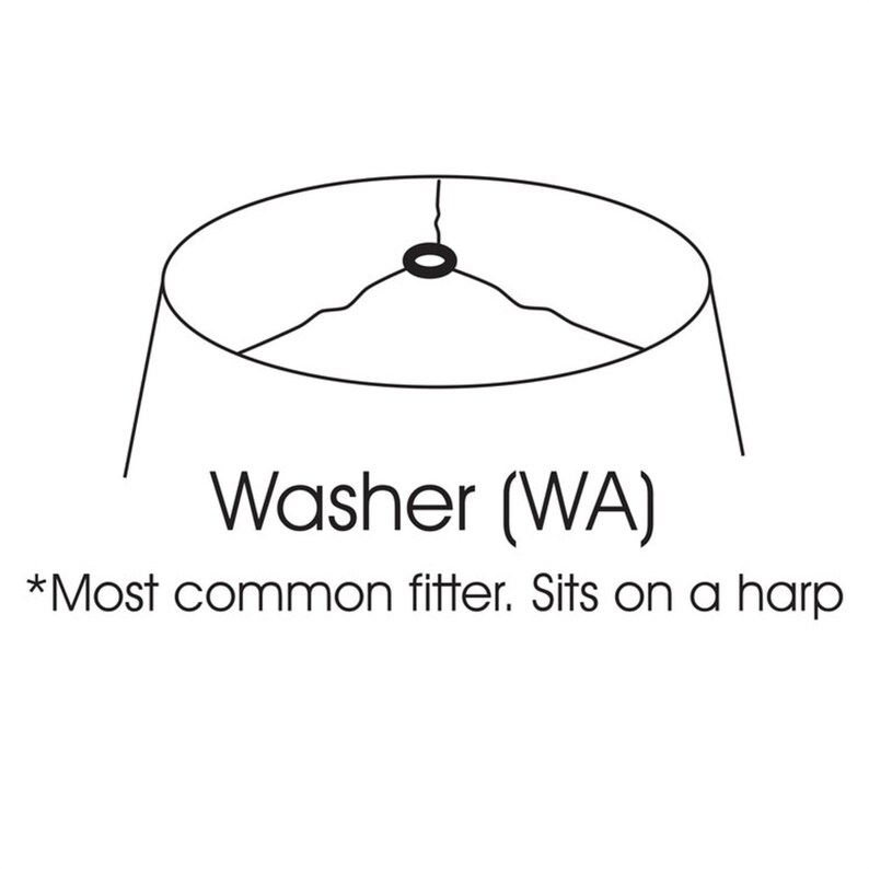 Pu&ograve; includere: Un disegno a tratto nero e bianco di una rondella per paralume. Il testo "Washer (WA)" &egrave; sotto il disegno, con il testo "*Most common fitter. Sits on a harp" sotto.