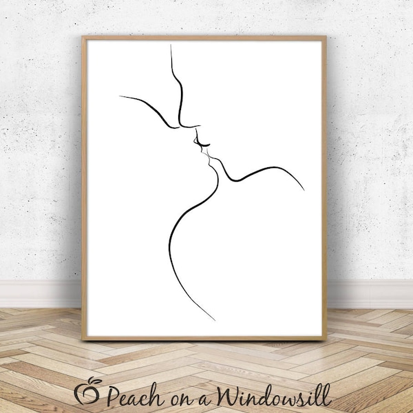 Art mural couple qui s'embrasse | Illustration des amoureux | Dessin de couple | Dessin au trait romantique baiser | Croquis d'amour 8 x 10 | Impression ligne noir et blanc