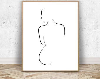 Croquis de nu féminin | Silhouette de femme nue | Dessin au trait noir et blanc | Art corporel féminin minimaliste | Imprimable
