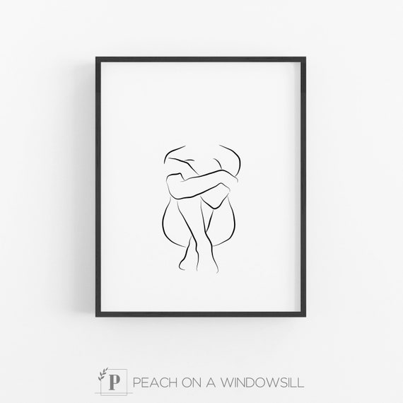 Female Figure Drawing Woman Body Outline Naked Girl Wall Art Black And White Bathroom Sketch Artistic Print 8x10 Printable Art