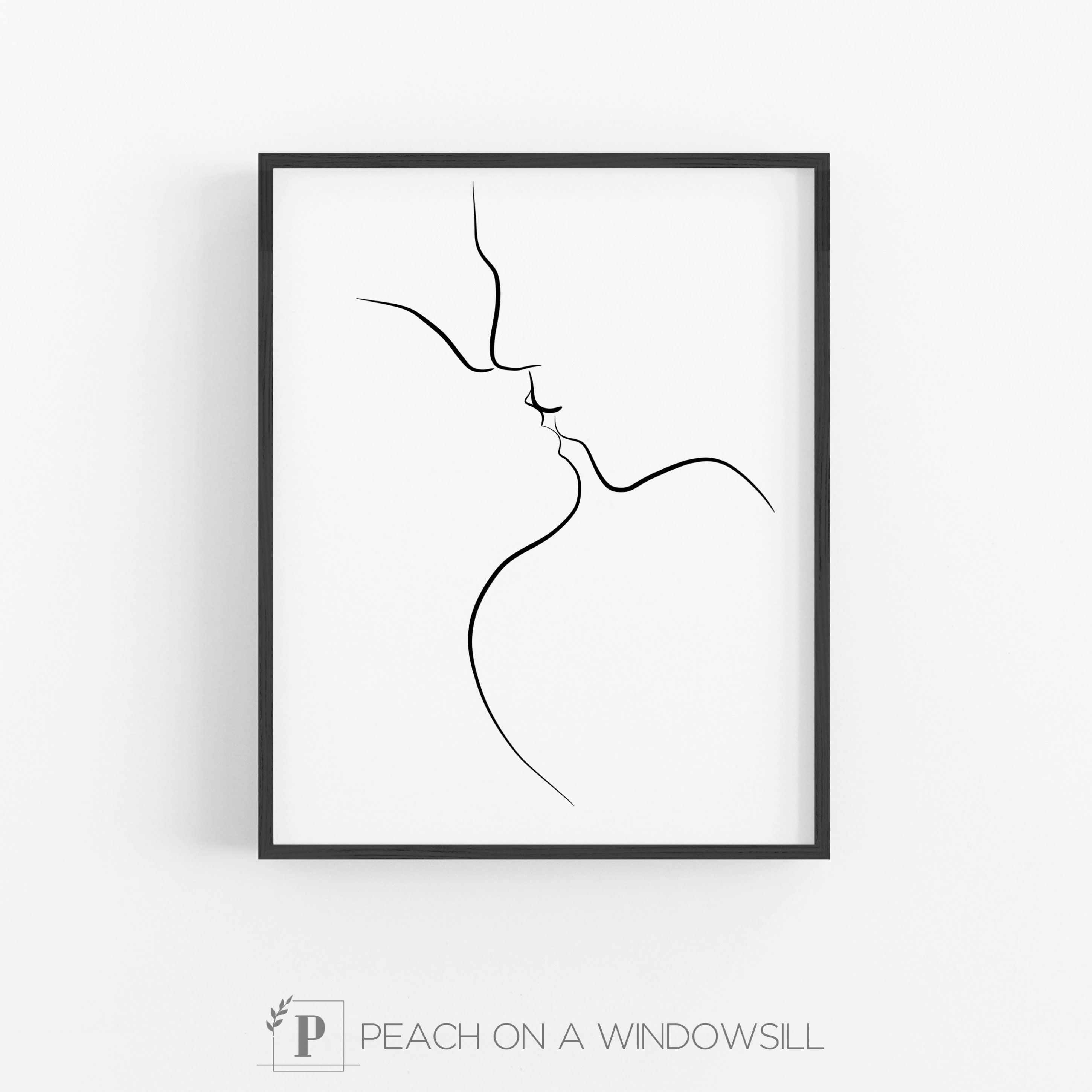 Kissing Couple Wall Art Lovers Illustration Couple Drawing Etsy