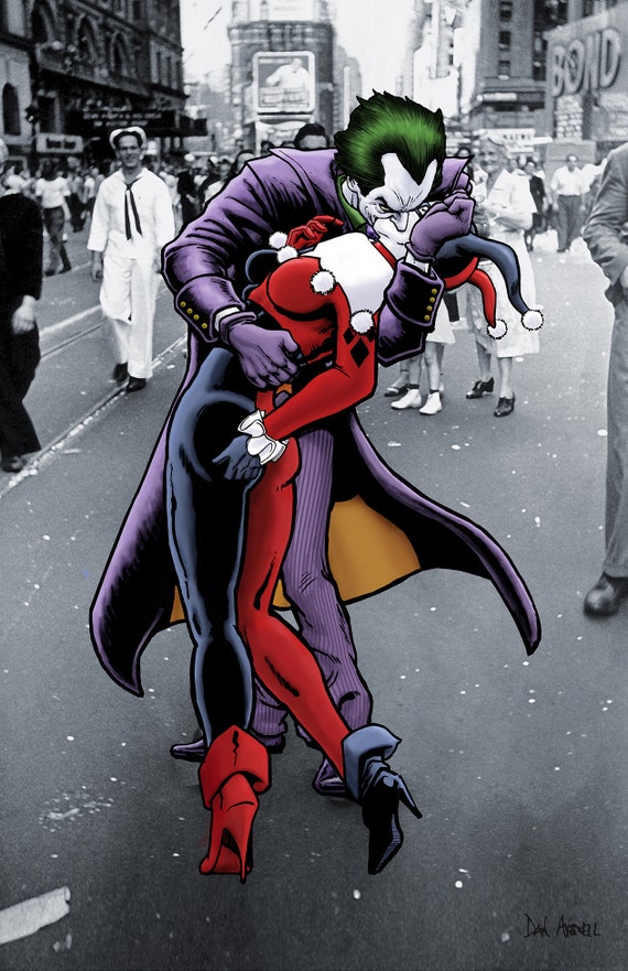 The Joker And Harley Quinn The Kissing Joke Art Printposter