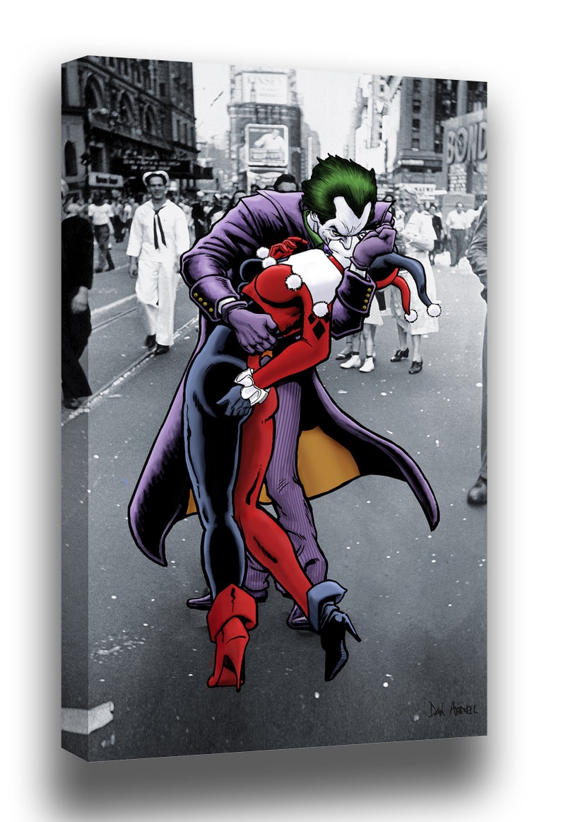 The Joker And Harley Quinn The Kissing Joke Mounted Canvas