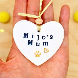 Personalised Dog Mum Gift, Best Dog Mum, Best Cat Mum, New Dog Gift, Clay Hanging Heart Decoration, Pet Mother's Day Ornament by janeBprints image 1