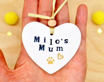 Personalised Dog Mum Gift, Best Dog Mum, Best Cat Mum, New Dog Gift, Clay Hanging Heart Decoration, Pet Mother's Day Ornament by janeBprints