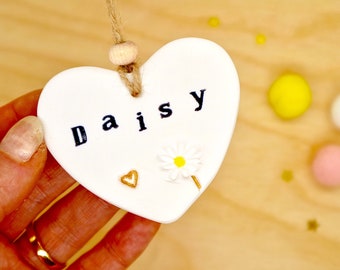 Personalised Daisy Decoration, Hanging Clay Heart Ornament, Daisy Name, Daisy Gifts For Women, Best Friend Birthday Gift Her by janeBprints