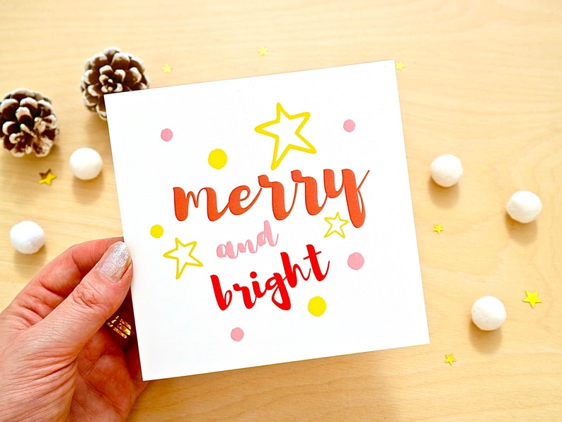 Merry and Bright Christmas Card, Colourful Christmas Card, Star Xmas Cards, Set of 3 Christmas Cards by janeBprints image 4