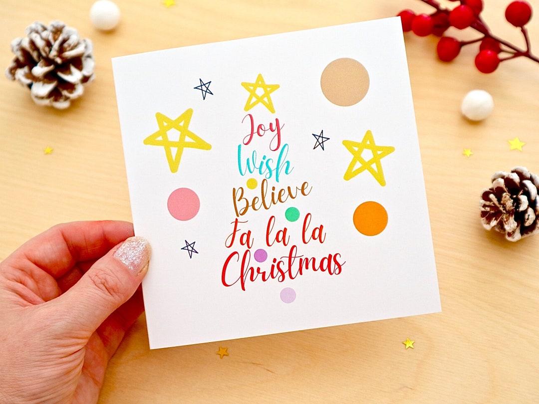 Christmas Tree Words Christmas Card, Colourful Christmas Card, Joy Words In Christmas Cards