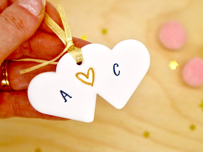 Personalised Couples Initials Gift, Clay Hanging Heart Decoration, Romantic Gift For Couple, Engagement Heart, Love Token by janeBprints afbeelding 5